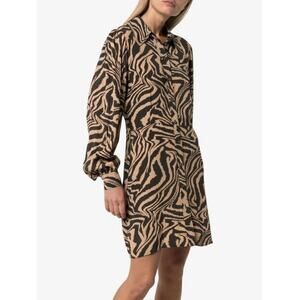 NEW GANNI Dress Womens 40/ US L Tan Black Zebra Print Crepe Mini Long Sleeves